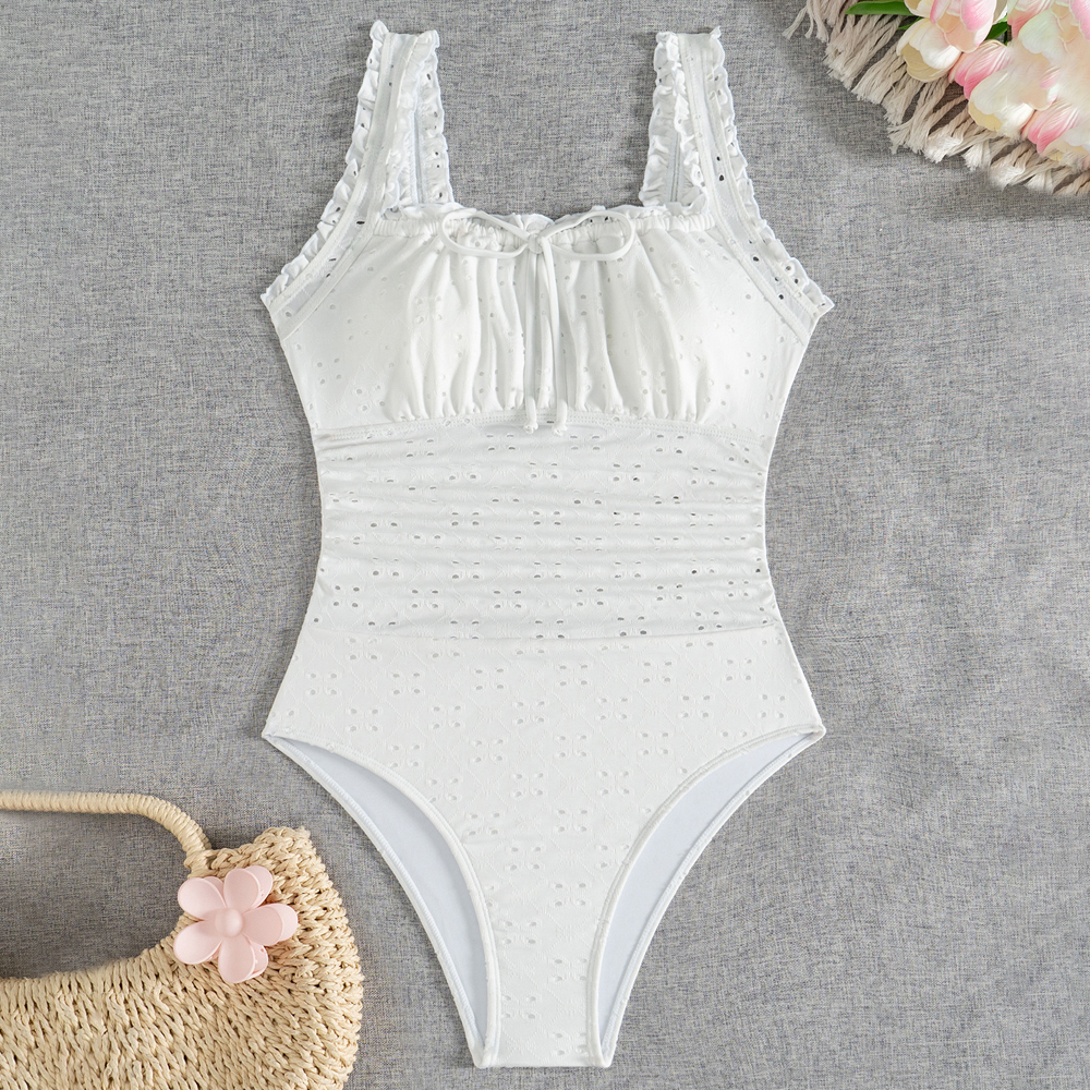 Bowknot Detailed Pierced Special Material Ruffle Trim Wide Strap One Piece Swimsuits Modest Swimwear For Women