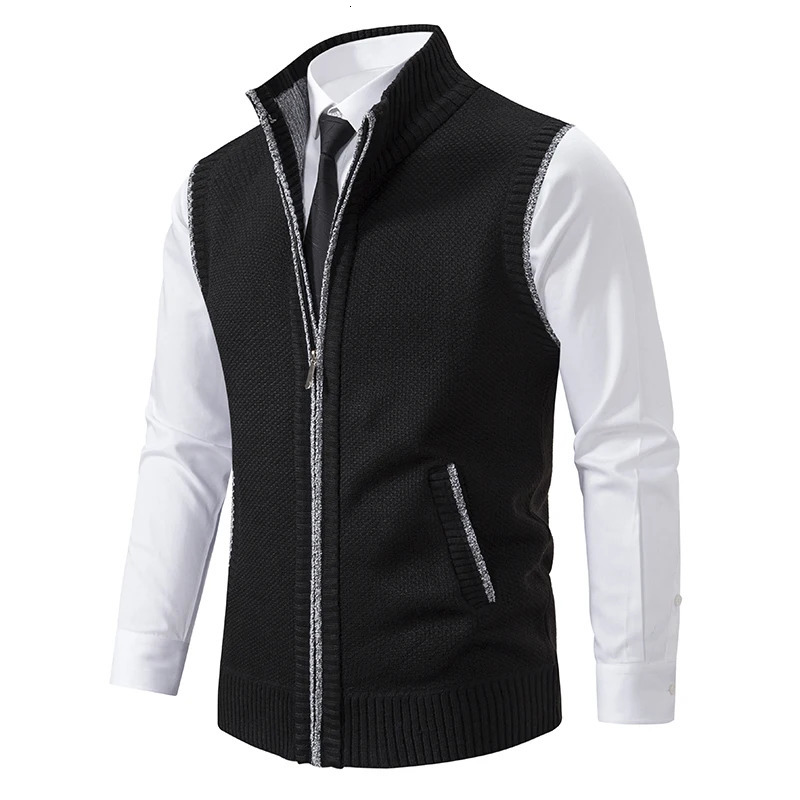Autumn Winter Knit Vests Men Stand Collar Solid Color Knitted Sleeveless Sweatercoat Man Zipper Vest Cardigan Knitting Waistcoat 250114Z
