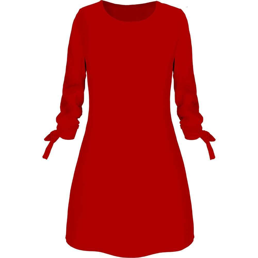 Spring, summer, autumn, European American solid color casual o-neck dresses, lace up, 2025 new style, chic and elegant clothing