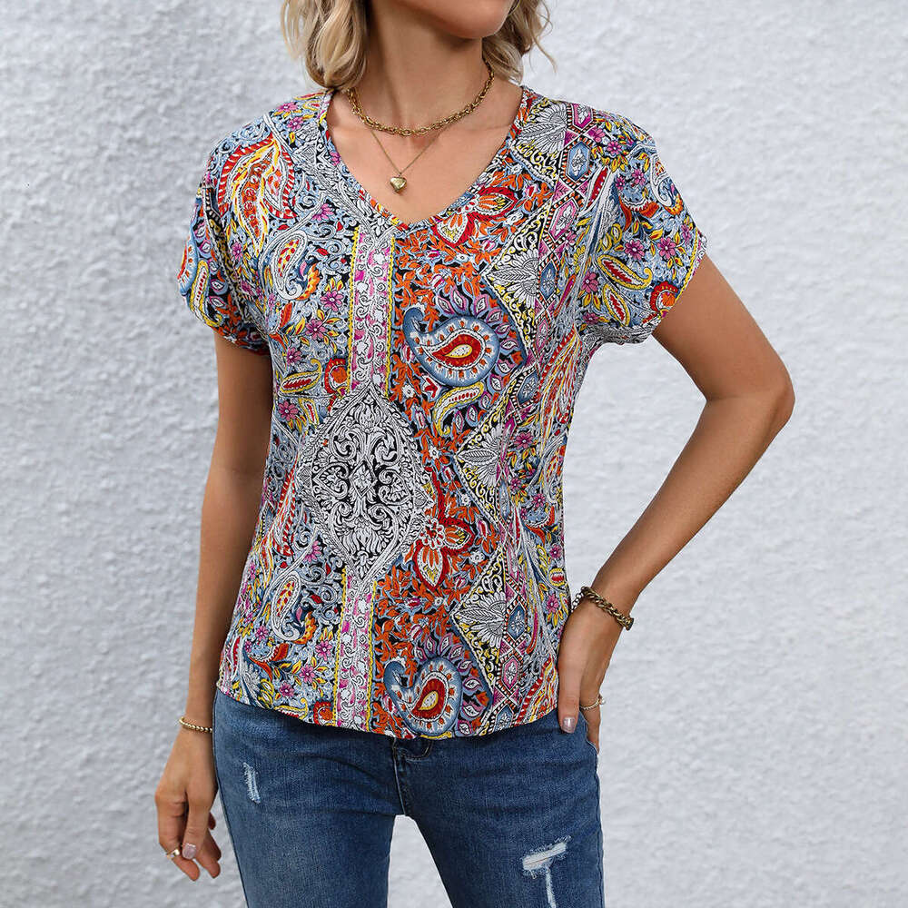 European and American hot summer full width print retro women's top temperament versatile new trendy clothing ins