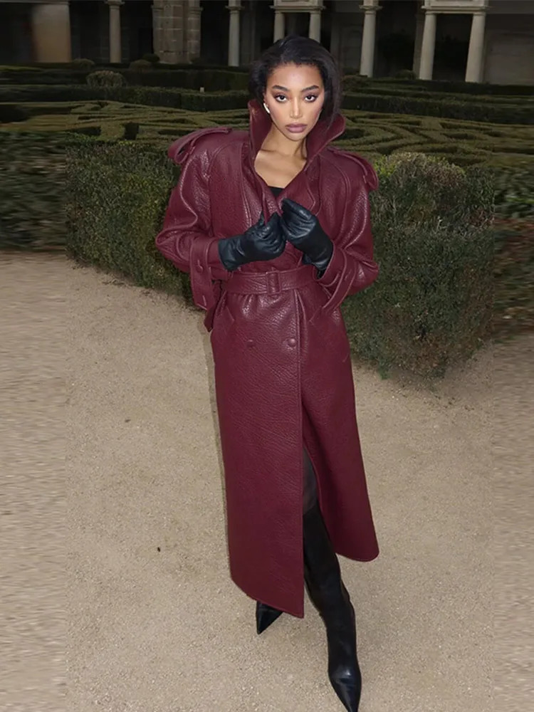 High Street Leather Trenchcoat Women 2025 Early Spring Fashion Lapel Full Sleeves Double Breasted With Belt Female PU Overcoat 250118