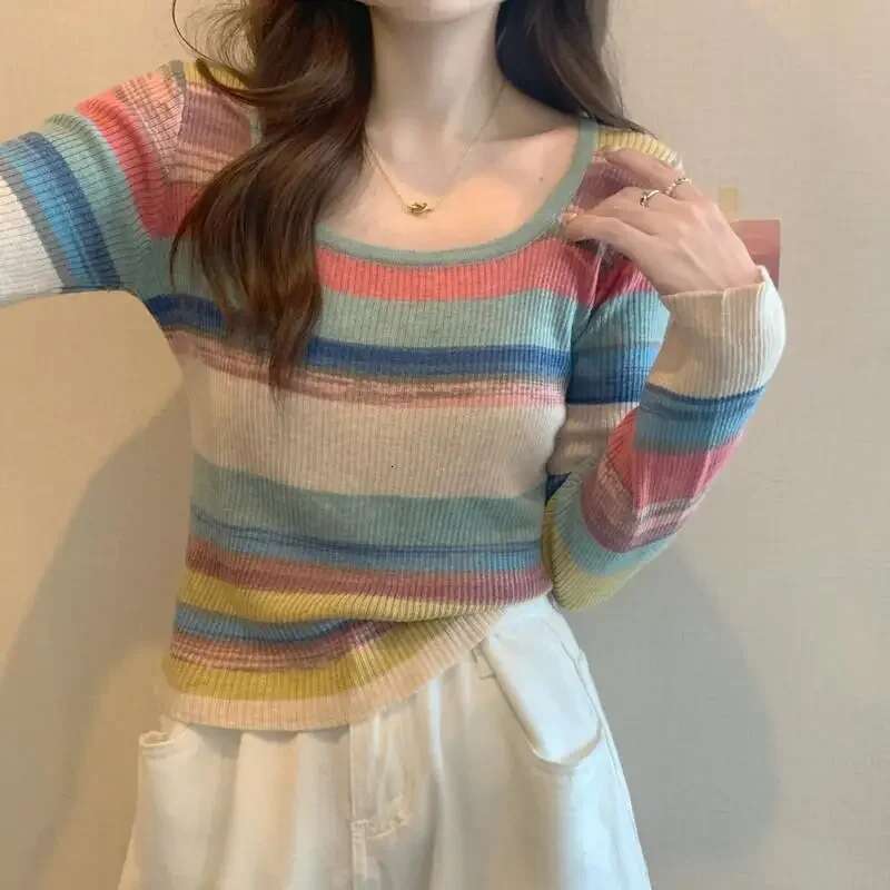 New Spring And Autumn Rainbow Stripe Square Collar Colorful Long Sleeve Base T-shirt For Women Inner Collar Knitted Top Thin Designer T-shirt