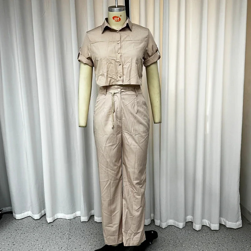 Wefads Two Piece Set Women Summer Casual Solid Lapel Single Breasted Button Short Sleeve Top With Belt Wide Legs Pants 250109
