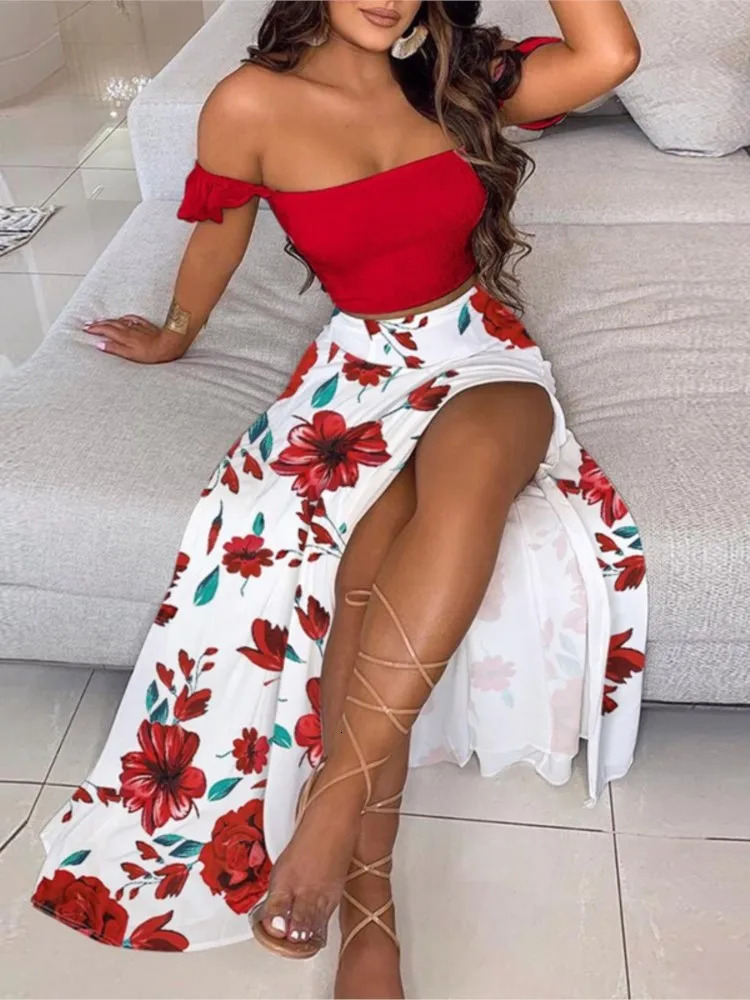 Color Print Skirt Two Piece Set Women One Line Neck Cropped Tube Top Slit Skirts Sets Casual Bohemian Beach Vacation Style Suit 250118