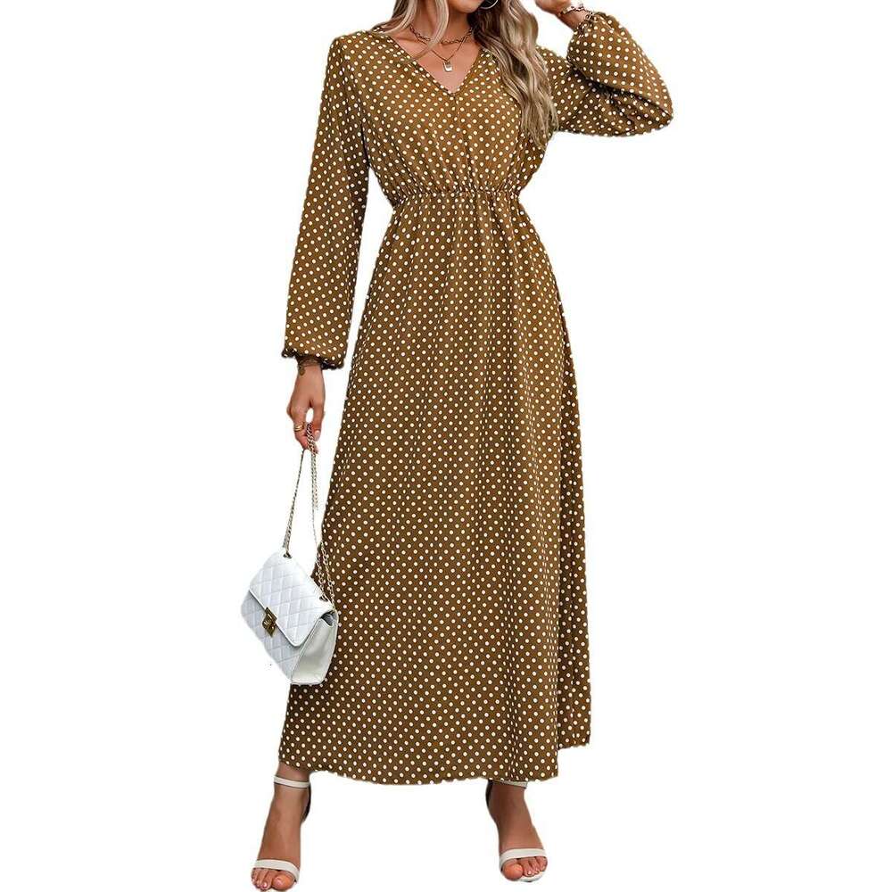 European American autumn women's V-neck waist cinched printed long sleeved dress, 2025 new style, chic and elegant clothing
