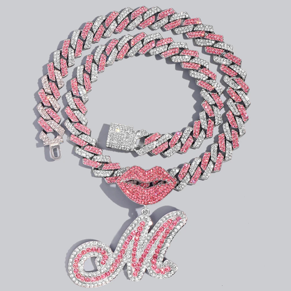 Fashion Pink Cuban Chain Miniature Water Diamond Shop Mouth Curved Letter Pendant Necklace 14mm Prong Cuban Necklace Jewelry Gift 250109