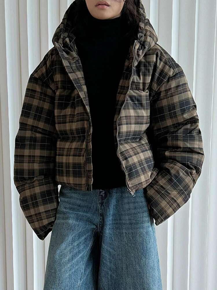 Brown Plaid Big Size Short Warm Hooded Cotton-Padded Coat Long Sleeve Women Parkas Fashion New Autumn Winter 2025 1Dh8406