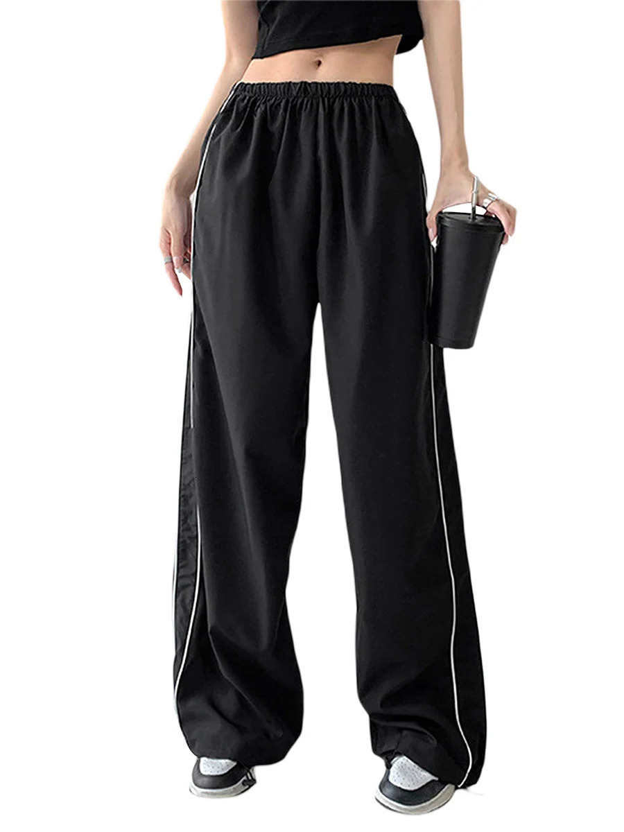 Baggy Cargo Sweatpants for Women Low Wasit Wide Leg Parachute Pant Side Striped Bow Track Pants Y2K Streetwear 250113