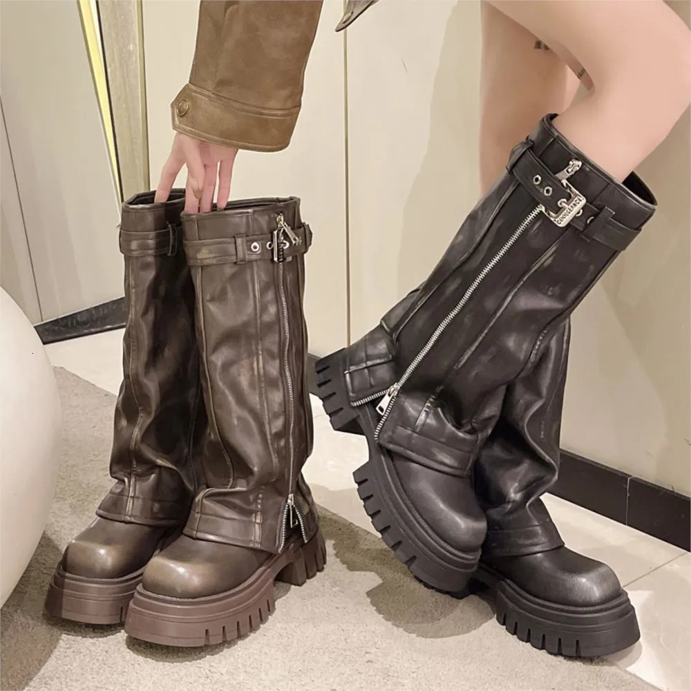 Brand Desinger Knight Women Mid Calf Boots Chunky High Heeled Platform Punk Motorcycle Long Booties Goth Street Shoes For 250117