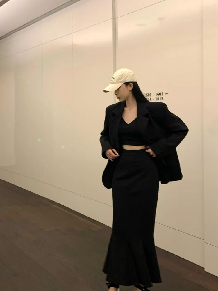 Womens Blazer Suits Skirt Sets Ladies Korean Side Button Suit High Waist Slim Mid-length Fishtail Skirt Blazers 250109