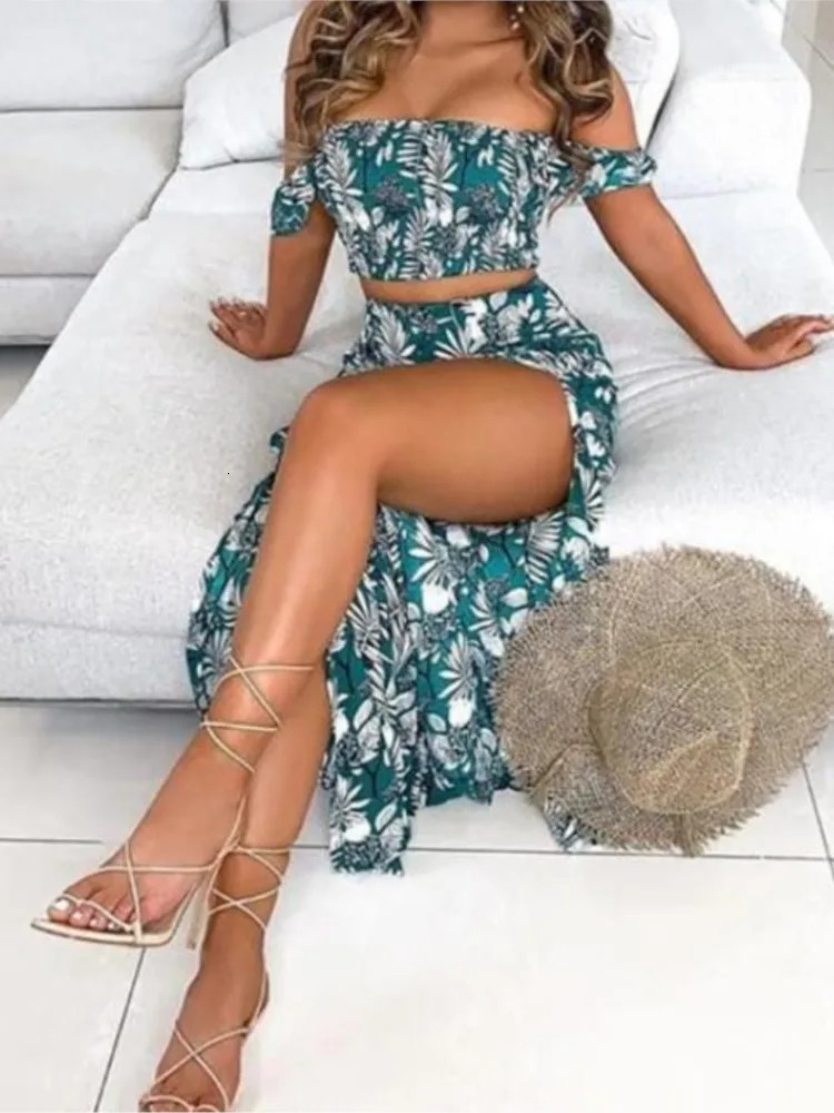 Color Print Skirt Two Piece Set Women One Line Neck Cropped Tube Top Slit Skirts Sets Casual Bohemian Beach Vacation Style Suit 250118