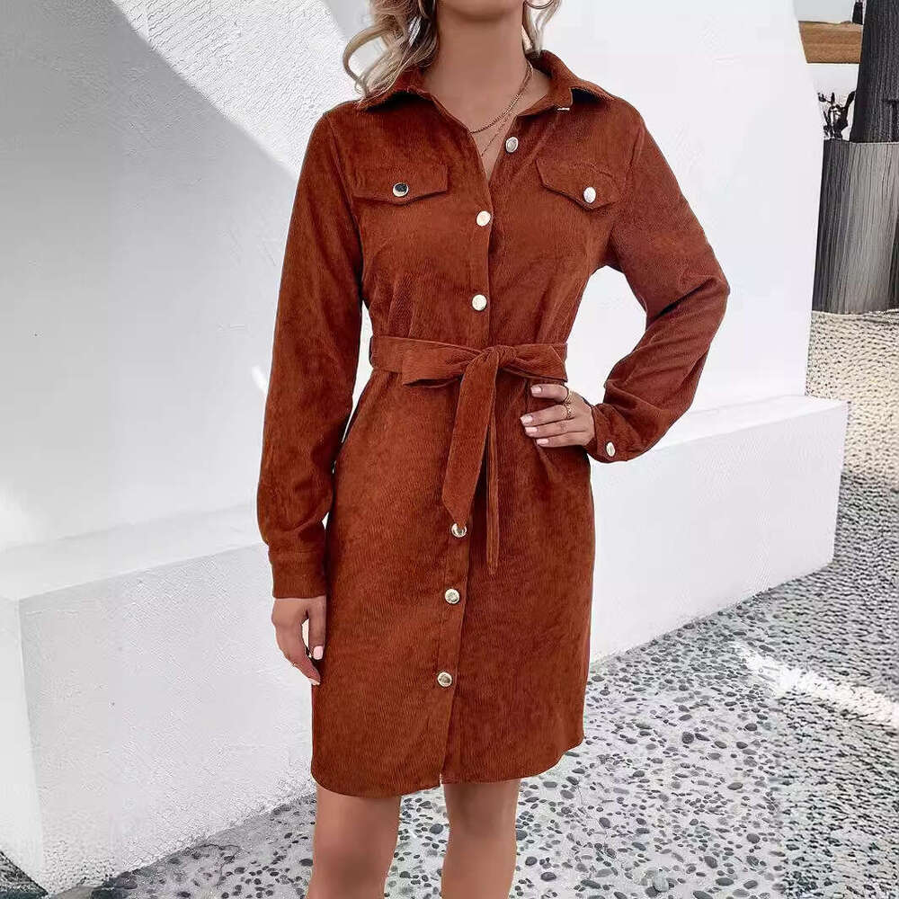 European American lapel corduroy waistband dress for spring, autumn and winter women's clothing, 2025 new casual versatile fashion clothing