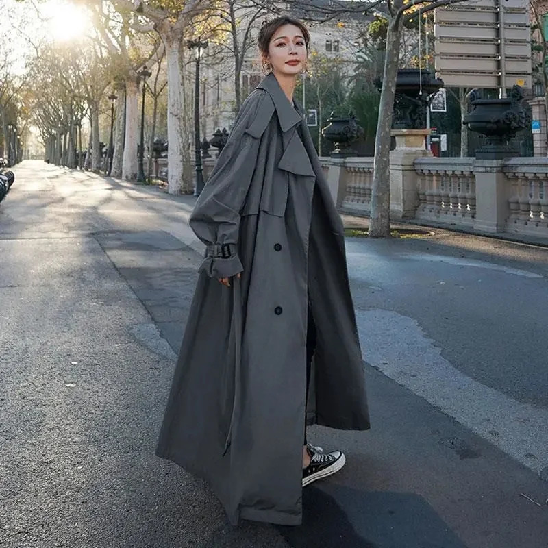 Spring Autumn Extra Long Flowy Oversized Casual Trench Coat for Women Belt Double Breasted Loose Korean Fashion 250118