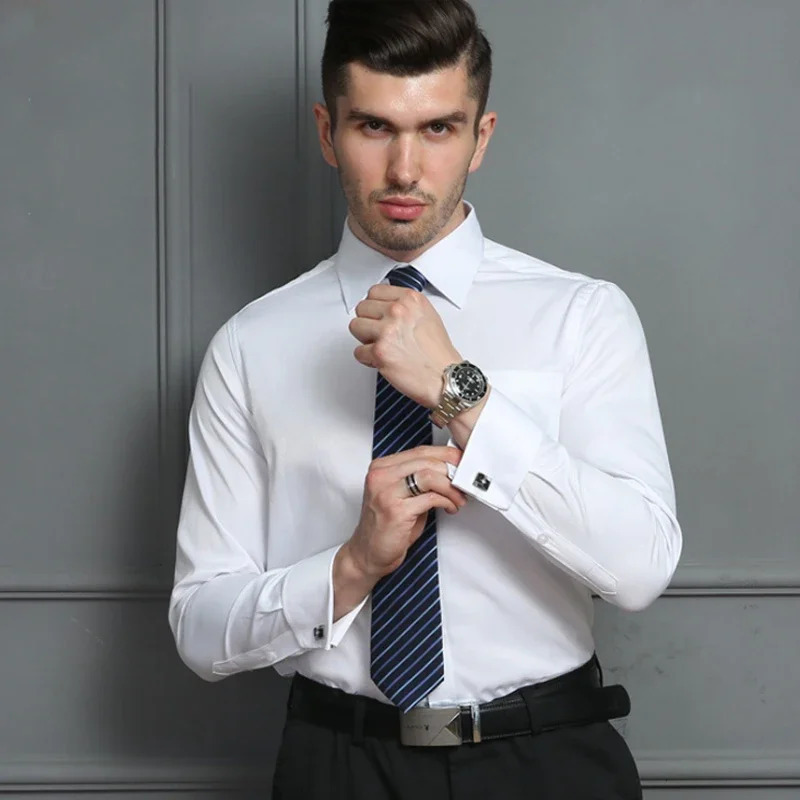 Mens French cuff formal shirt white long-sleeved business button mens shirt regular fit cuff button shirt M~6XL 250118