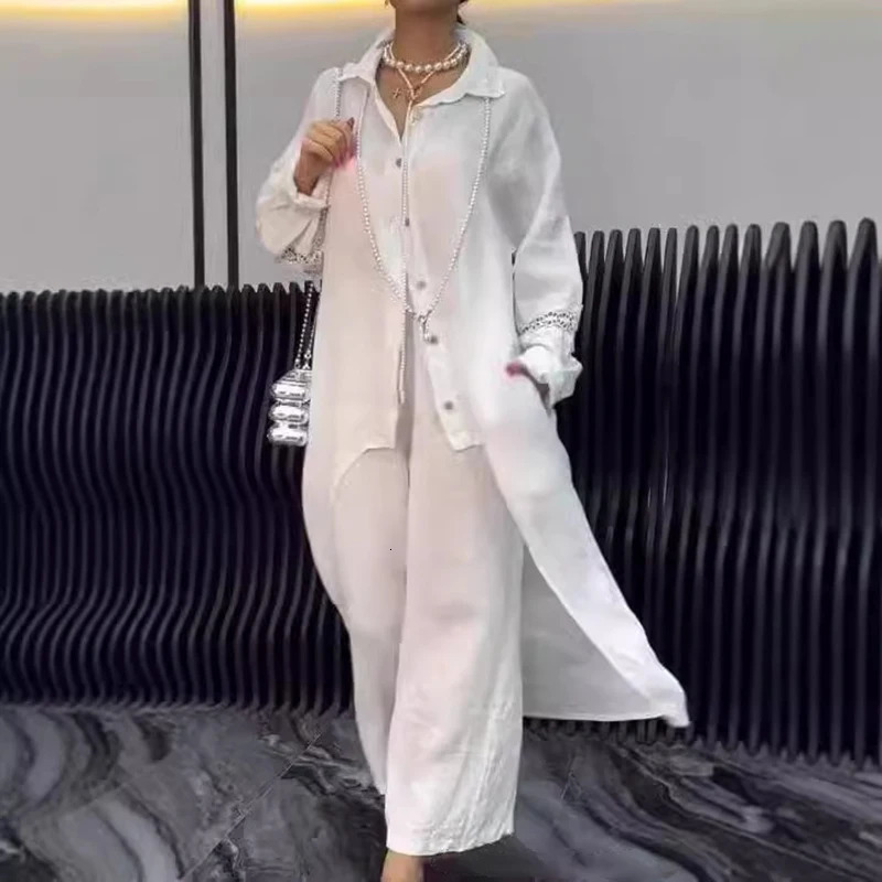 Cotton Linen Solid Color Crochet Set Spring Lapel Button Irregular Top Wide Leg Pant Women 2 Pieces Long Sleeve Fall Suit Outfit 250107