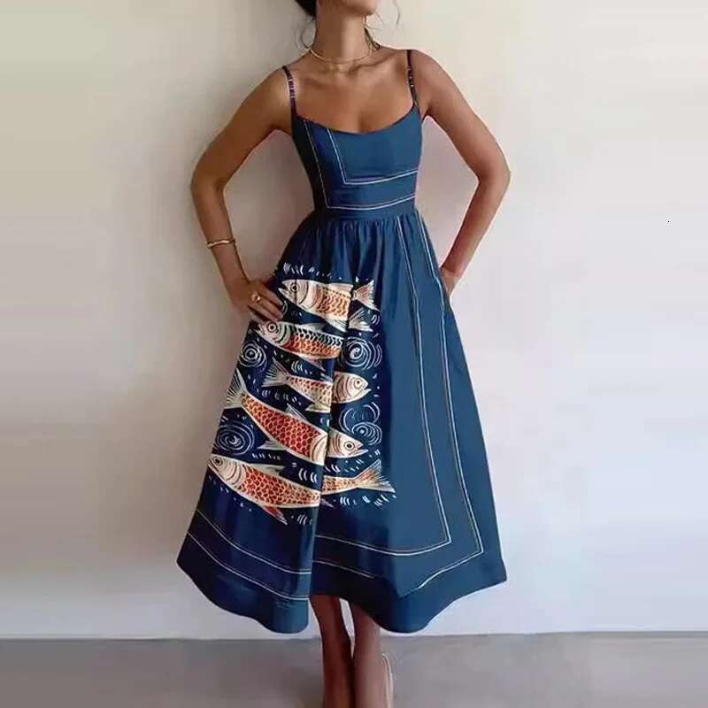 Summer New Women's Fashionable Fish And Shrimp Print U-Neck Pleated Waist With Large Swing Suspender Dress Sexy Maxi Vestidos