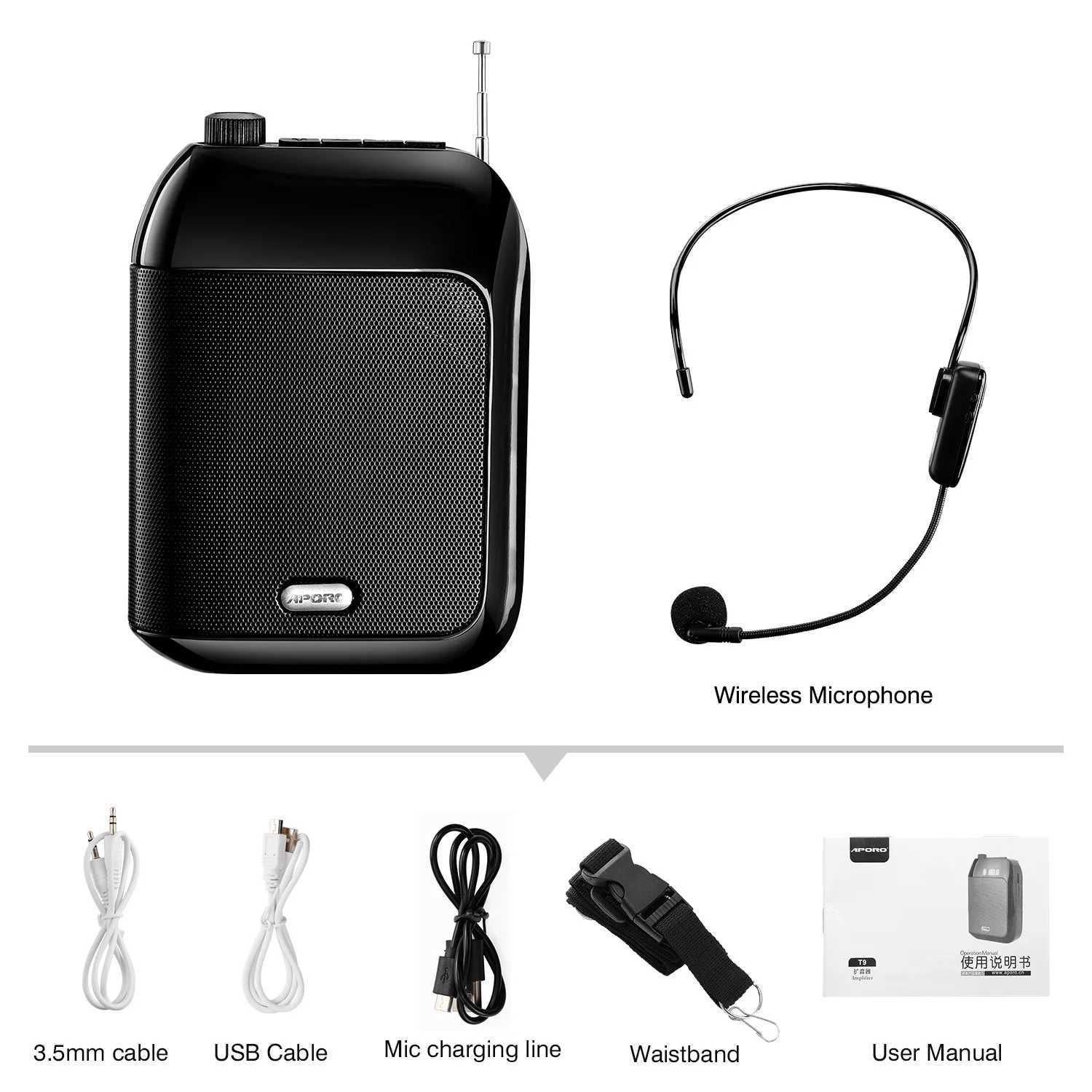 Loudspeaker box APORO T9 Megaphone Portable UHF Wireless Speaker 15W Cordless Vo Amplifier Loudspeaker 7.4V Lautspre FM Ra Z241128