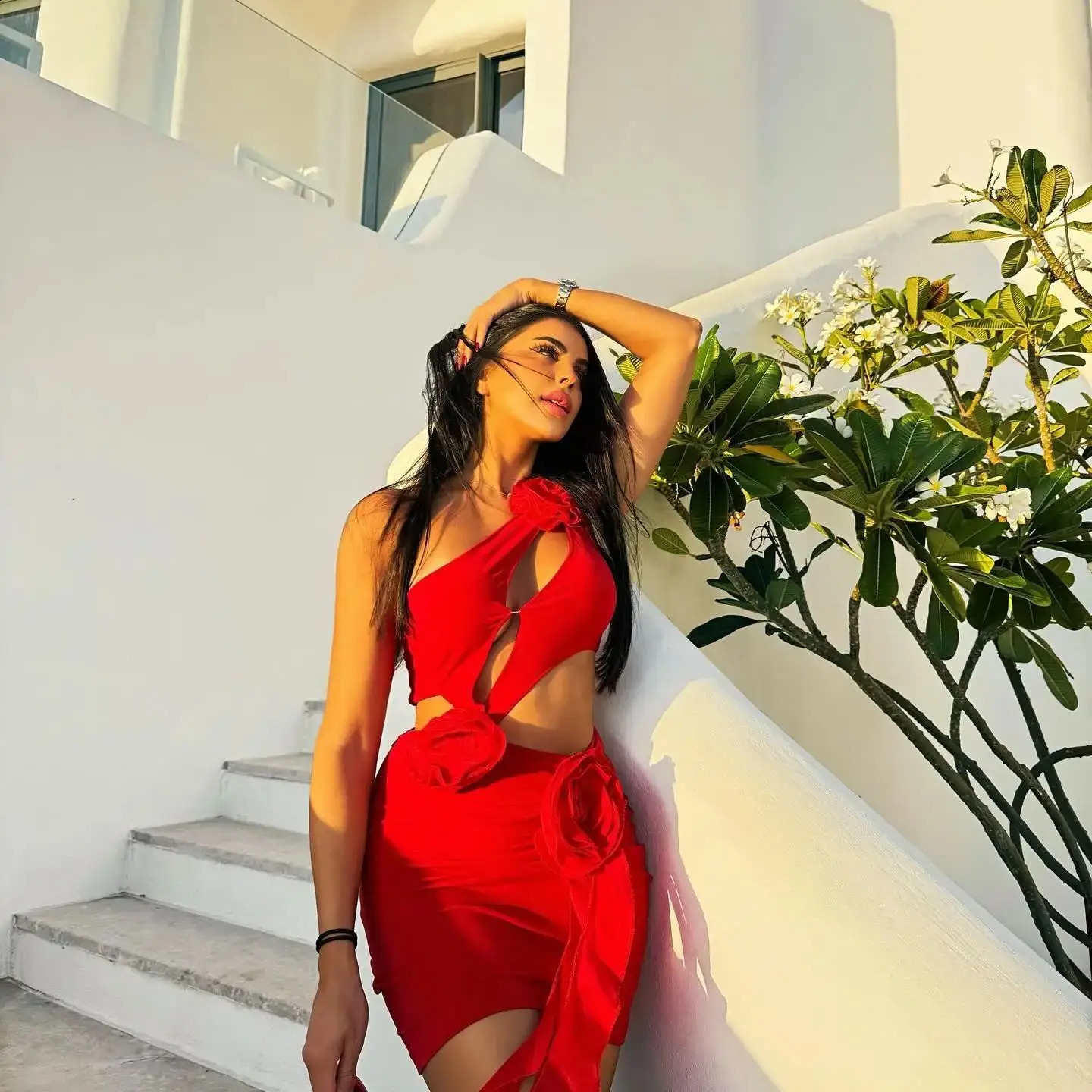 Red Flower Cut Out Asymmetric Swimsuit and Chiffon Drape Mini Beach Skirt Women Bathing Suit Summer Monokini Swim Suit 250109