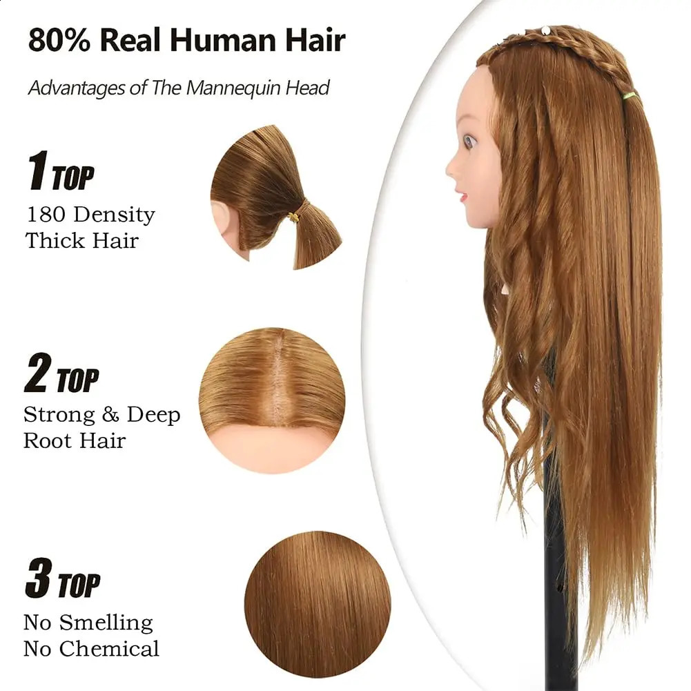 Mannequin Head with Human Hair 26-28Cosmetology Mannequin Doll Head For Hairdresser Practice Braiding Head 250114
