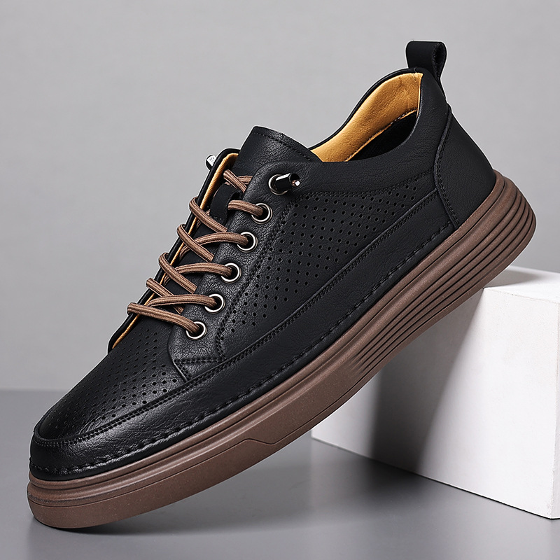 Casual leather men's cowhide perforated business dress men's shoes summer breathable leather shoes driving shoes men