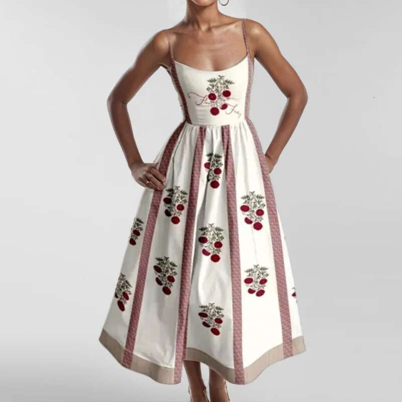 Summer New Women's Fashionable Fish And Shrimp Print U-Neck Pleated Waist With Large Swing Suspender Dress Sexy Maxi Vestidos