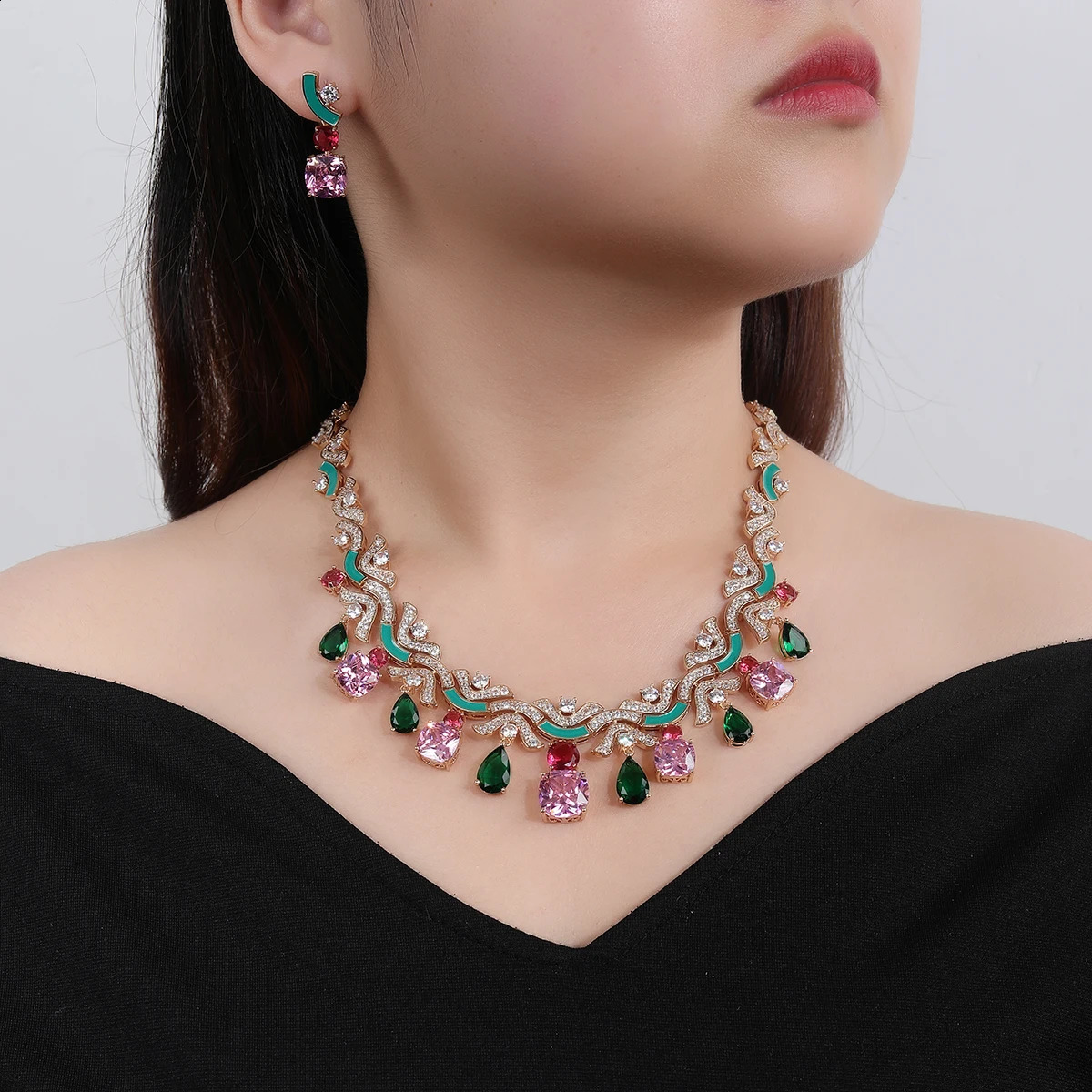 Cubic Zirconia Colors White Green Earrings Necklace Jewelry Sets for Women Bridal Wedding Costume Accessories CN1090 250118