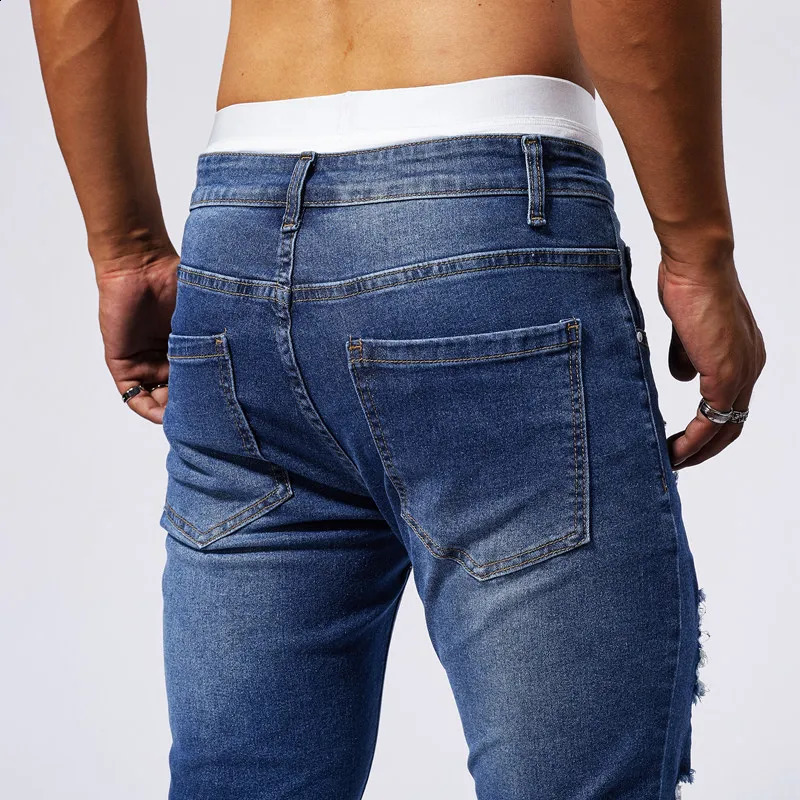 High Quality Mens Denim Pants Hole Ruined High Street Worn-out Small Leg Elastic Jeans Tight Jeans for Men 250116