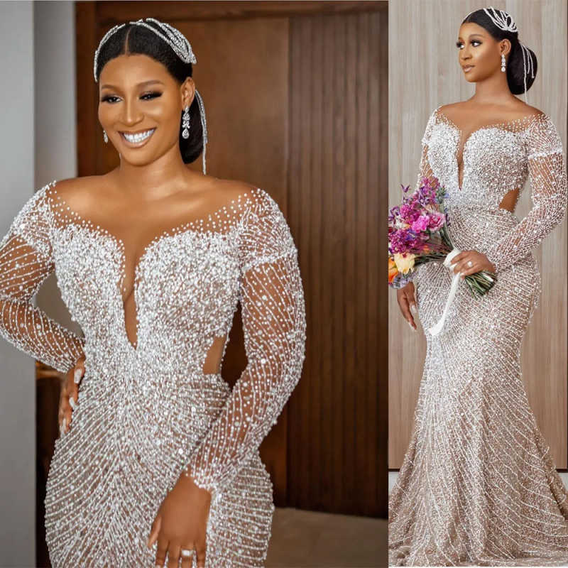 Shiny Mermaid Wedding Dresses Illusion Sheer O Neck Long Sleeve Beads Bridal Gowns Custom Made Bride Dress