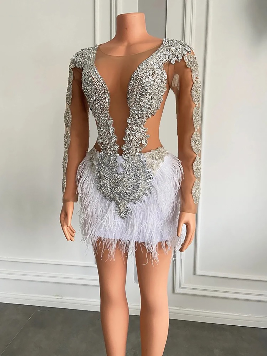Beaded Sparkly White Crystals Feather Black Girls Short Prom Dresses 2025 Sheer Long Sleeve Birthday Party Gowns