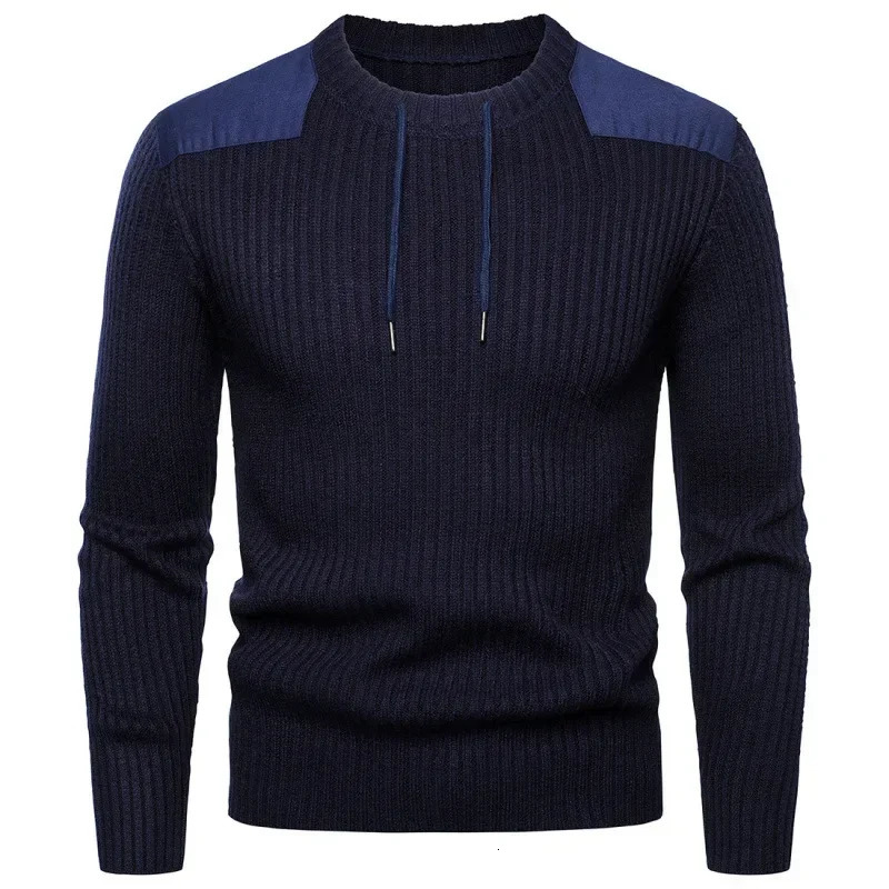 Mens Autumn and Winter Pullover Splicing Sweater Korean Version of Casual Loose Drawstring Round Neck Knitted Top 250114Z