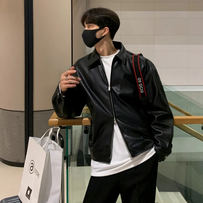 IEFB Korean Chic Double Zipper Mens PU Leather Jacket Black Simple Trendy Lapel Autumn Black Coats Chic Casual 9A1175 250109