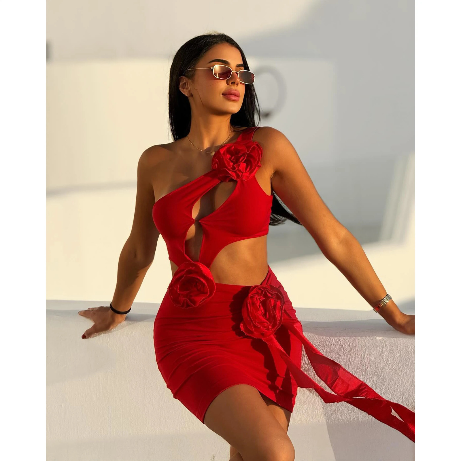 Red Flower Cut Out Asymmetric Swimsuit and Chiffon Drape Mini Beach Skirt Women Bathing Suit Summer Monokini Swim Suit 250109