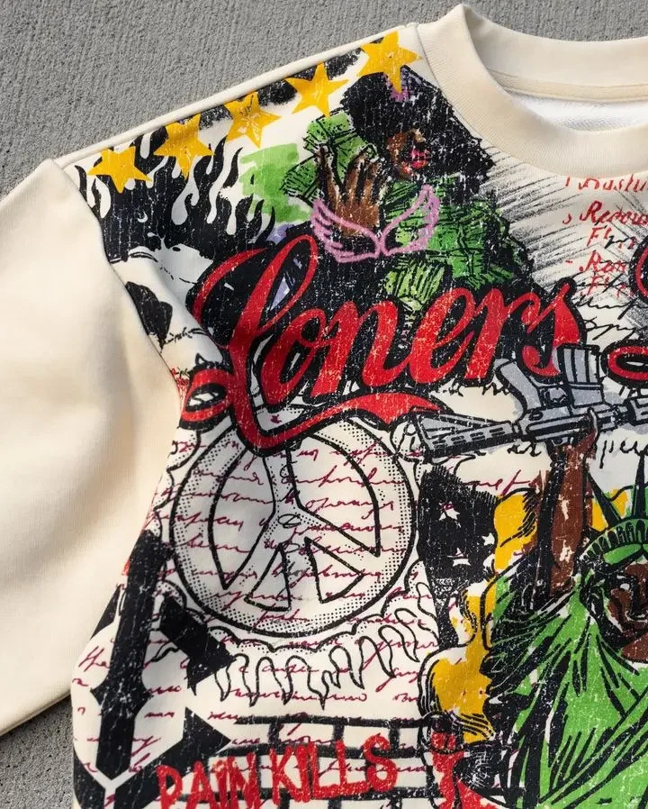 Y2k T-shirt Mens Harajuku Hip Hop Graffiti Print Mid Sleeve Retro Round Neck Short Sleeve Top 250110