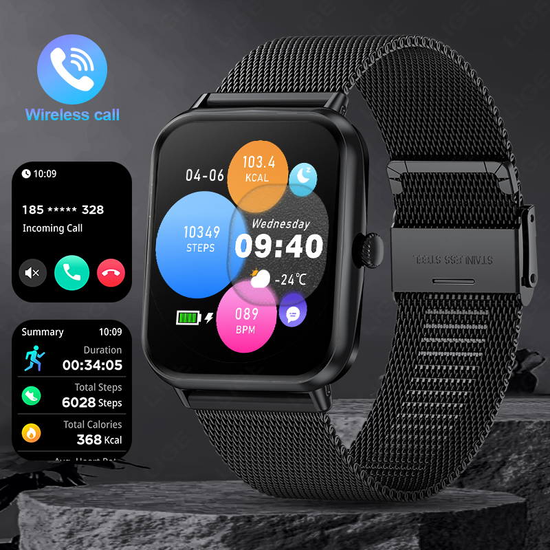 LIGE's latest Bluetooth smartwatch sports meter step multi-functional watch lift screen light sleep monitoring music control Bluetooth call Remot