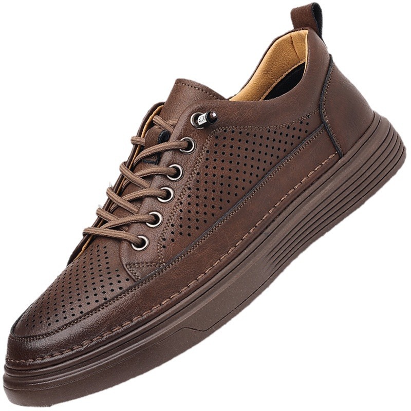 2025 Casual leather men's cowhide perforated business dress men's shoes summer breathable leather shoes driving shoes men