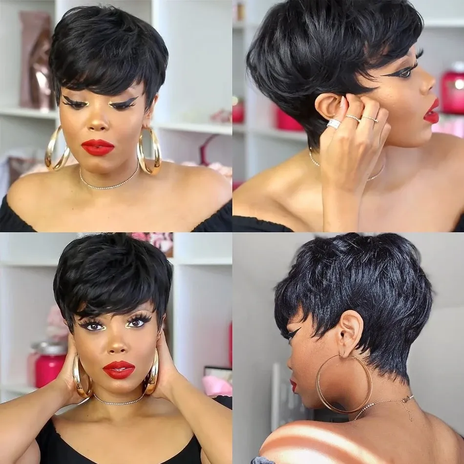 Wave None Lace Black Women's Brazilian Straight Hair No Glue Closure Wig 100% Human Heat Resistant e curly Wigs Short Bob Dailly