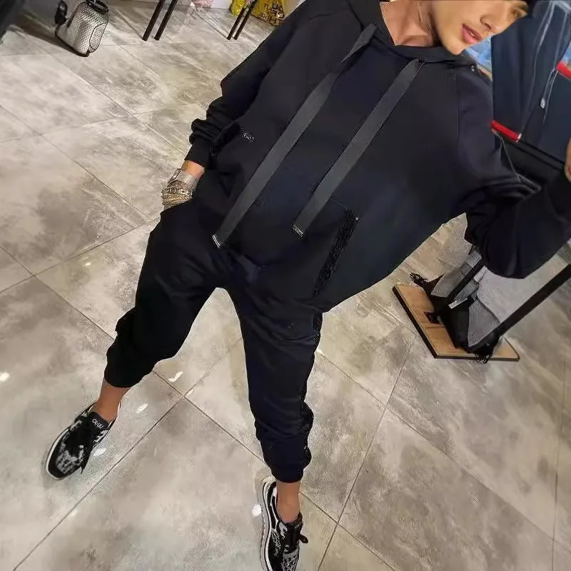 Autumn Winter Women Fashion Sequin Patchwork Sets Casual Stitching Hooded Sweater Suit Twopiece Set Femme 2 250120