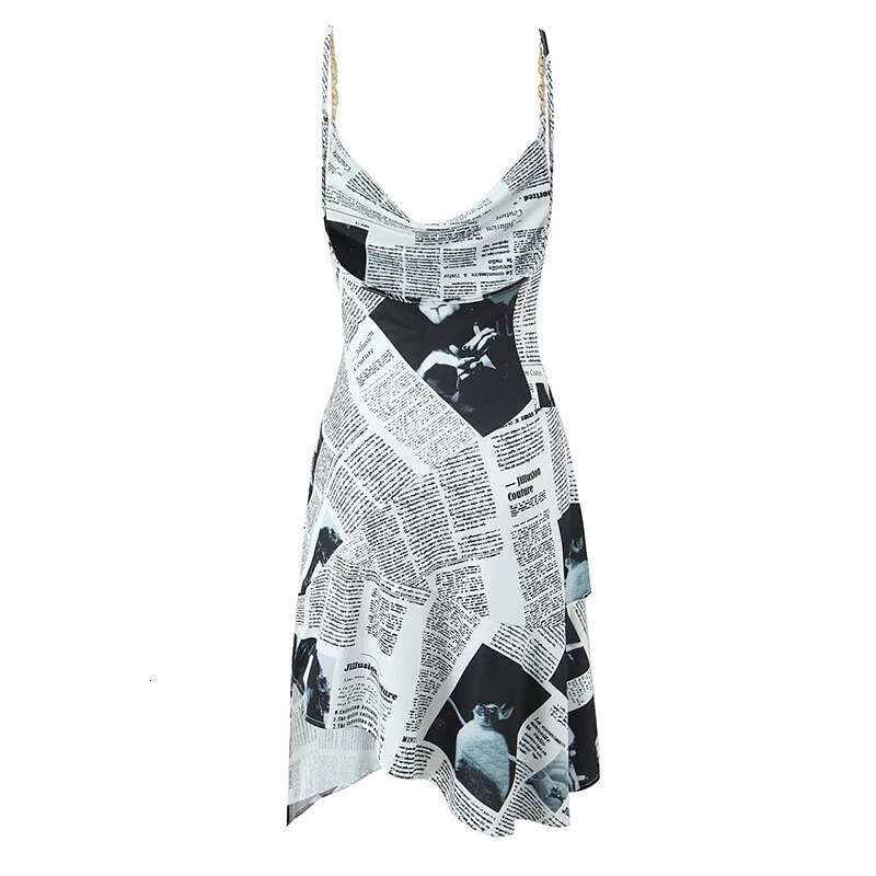 YENKYE New Women Newspaper Letter Print Irregular Hem Sg Dresses Fashion Backless Thin Straps With Chain Summer Sexy Dress