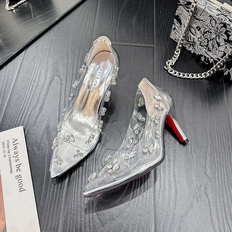 Sier Transparent Rhie High Heels Women 2025 Summer Banquet Red Bottom Fine Heel Crystal Wedding Shoes Tacones Mujer