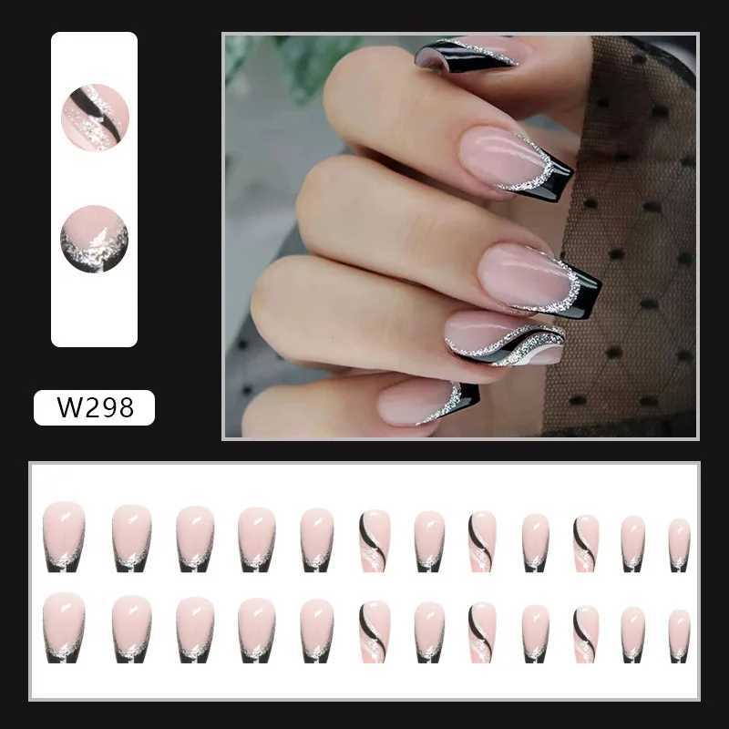 Black French 24 Pcs Press on Nails Pink Gradient Fake Nails Glossy Artificial Finger Manicure Reusable False Nails for WomenW250120