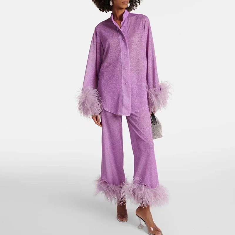 Style Women Elegant Feathers Decoration Sets Spring Stand Collar Button Blouse Shirts Wide Leg Pants Outfits Solid Fall Suit Y2k 250107