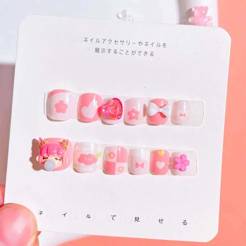 Little Girls old False Nails Full Cover Nail Art Tips Short Square Shaped s Cartoon Fake Nails Candy ColorW250120