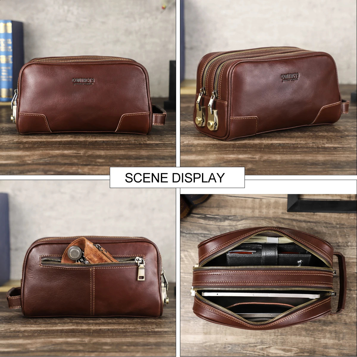 Genuine Leather Men Travel Cosmetic Bag Password ner Portsble Toiletries Kit Organizer Makeup Wash Pouch Large Capacity 250114