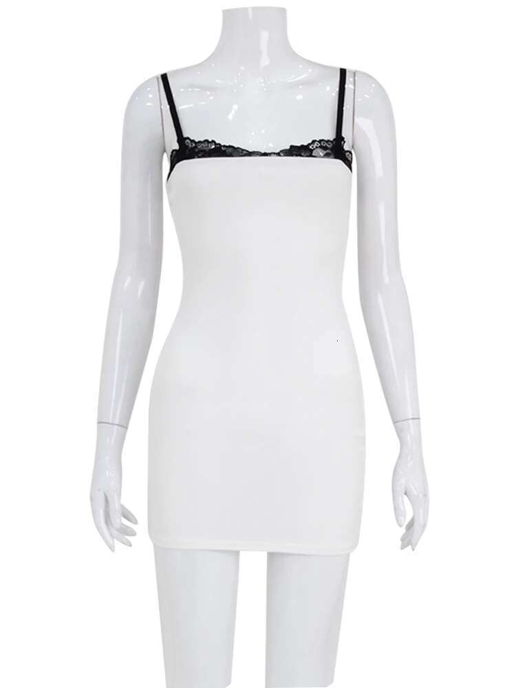 Lace Patchwork Spaghetti Dresses For Women Fashion Sexy Club Y2k Sleeveless Slash Neck Skinny Mini Vestidos Robes Female Bodycon