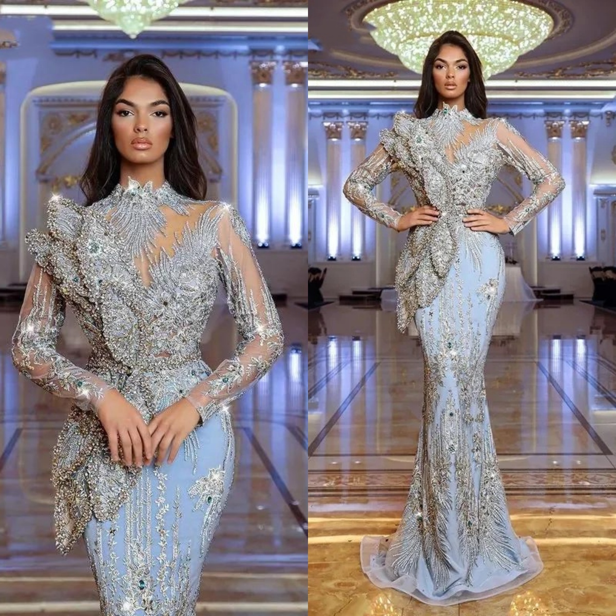 Customized Celebrity Dresses Long Sleeves Arabic Dubai Evening Gowns Crystals Full Beading Sequins Prom Party Dress