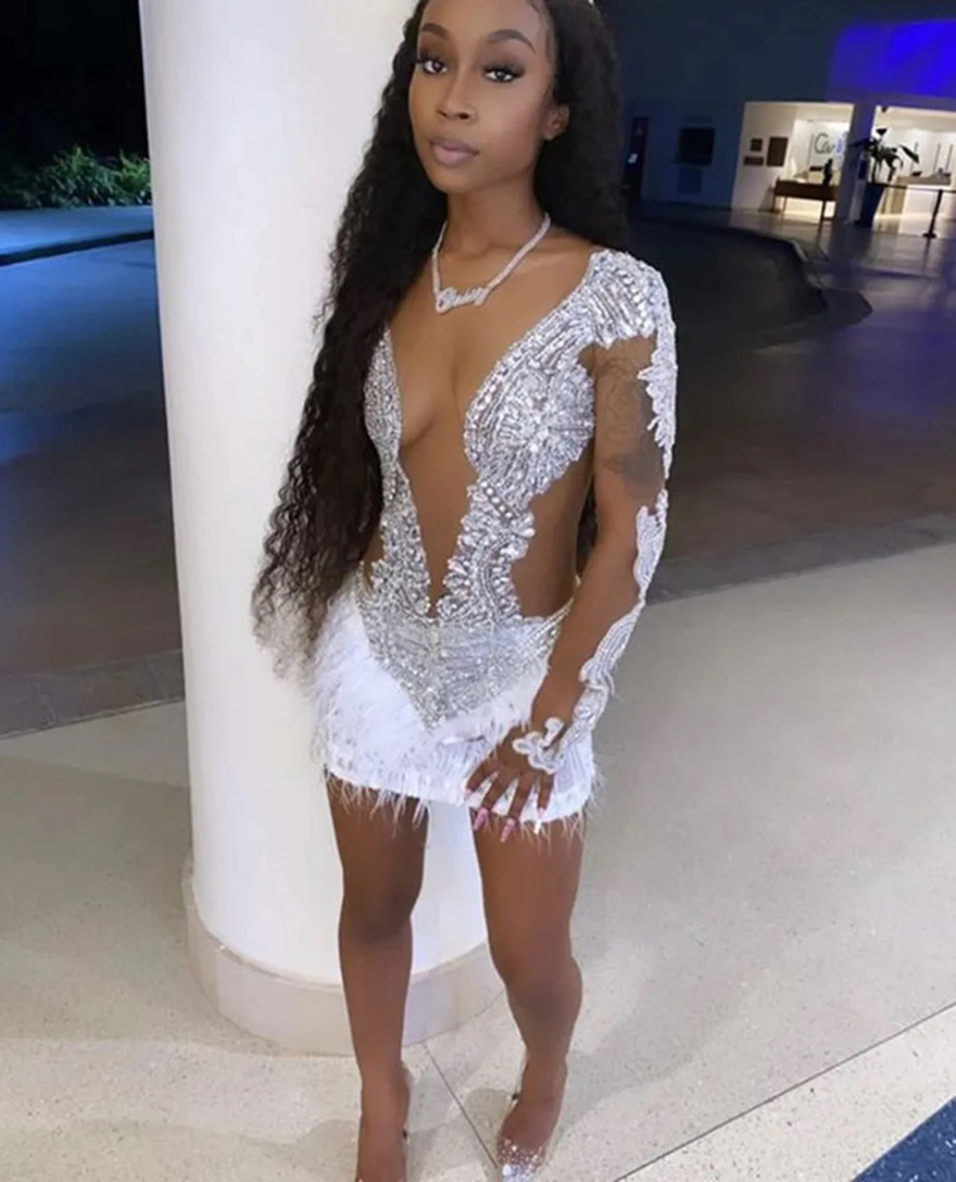 Beaded Sparkly White Crystals Feather Black Girls Short Prom Dresses 2025 Sheer Long Sleeve Birthday Party Gowns