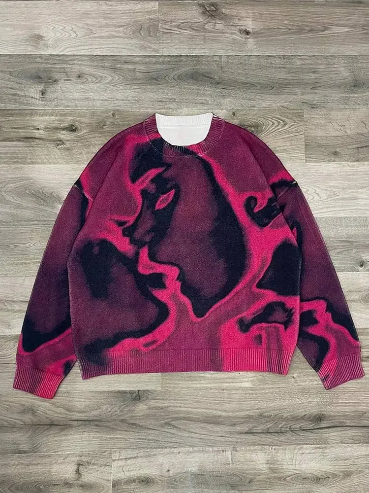 Street Y2k Tie Dye O Neck Knitted Pullover Mens Trendy Contrast Long Sleeve Sweater Jumper 2024 Male Harajuku Cashmere Knitwear 250114