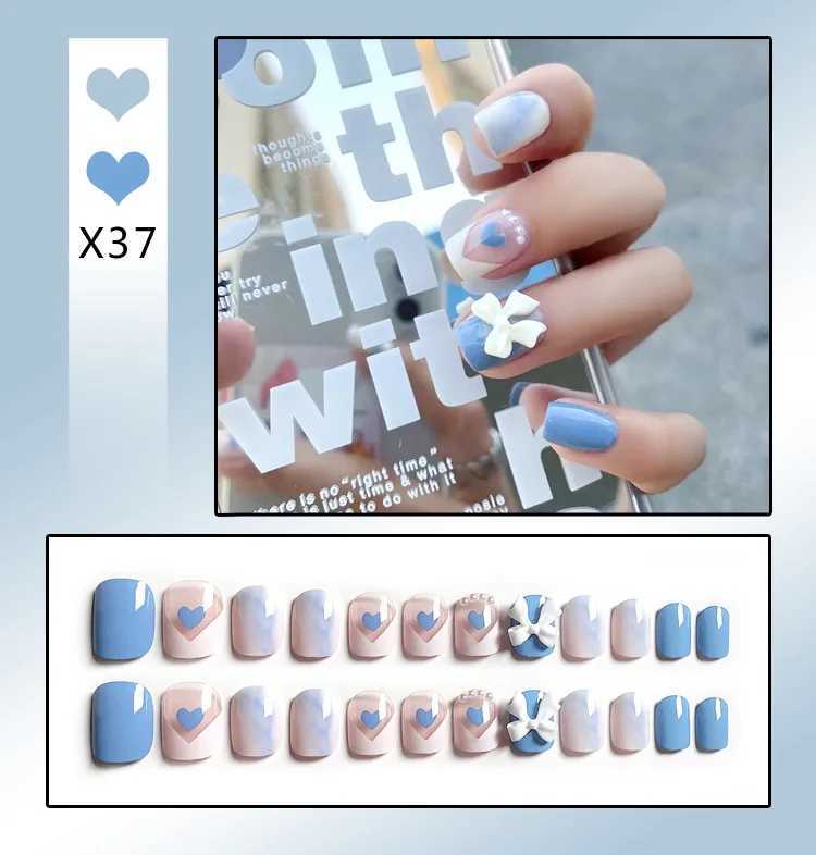 24PCS/Box Bowknot Rabbit Pattern l Short Square Designer Fashion Design French Style Full Covering Pressed Fake NailsW250120