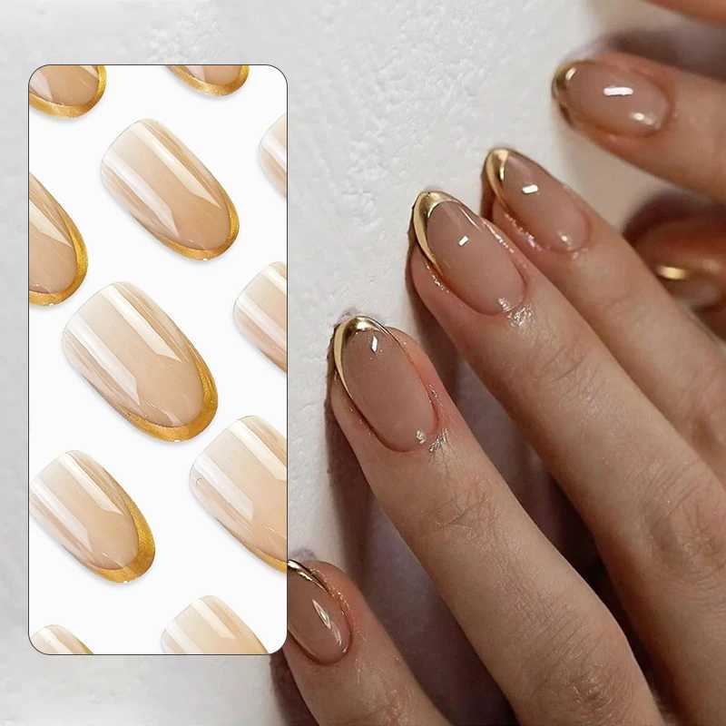 24Pcs Gold French Fake Nails With Jelly Gel Mid-length Almond Press on False Nails Wearable Round Head Oval Full Cover Nail TipsW250120