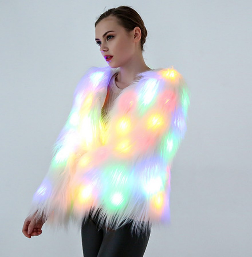 Women's Fur LED Jacket Light Up Coat Flash Costume With Lights Outwear Nightclub